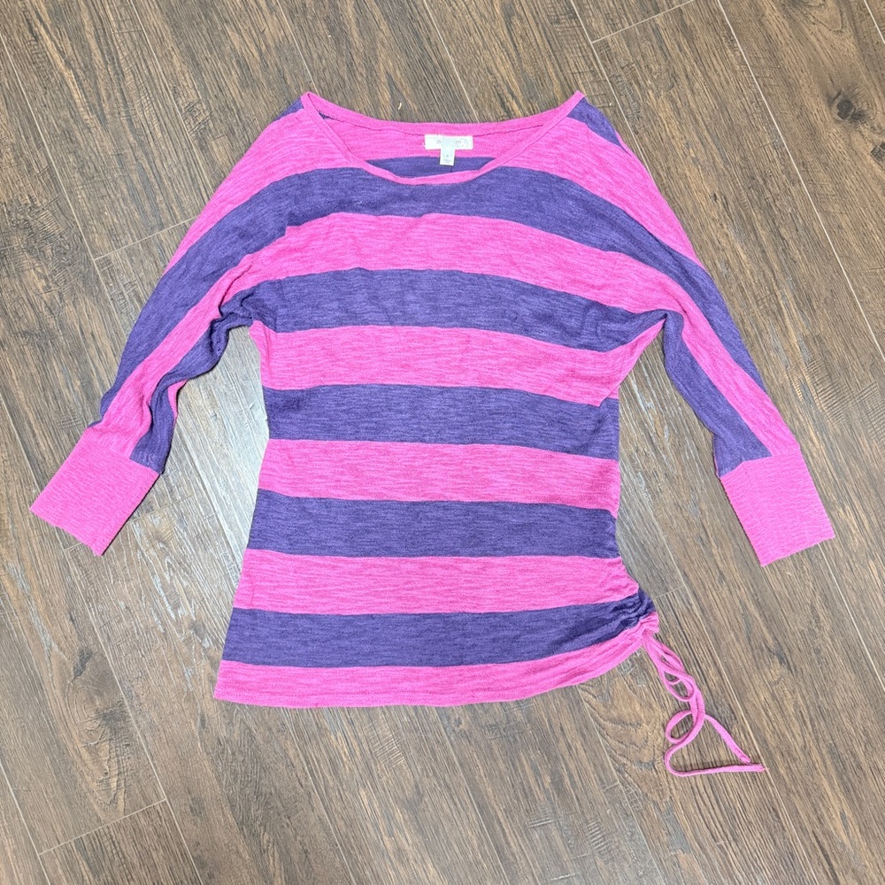 DRESS BARN GRAPE PURPLE FUCHSIA NAVY STRIPED TOP CINCHED SIDE